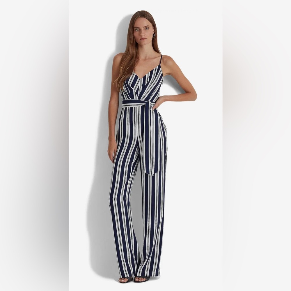 Ralph Lauren JUMPSUITS ストライプ NAVY Lauren Ralph Lauren Sz Xs Striped Belted C Jumpsuit Maxi